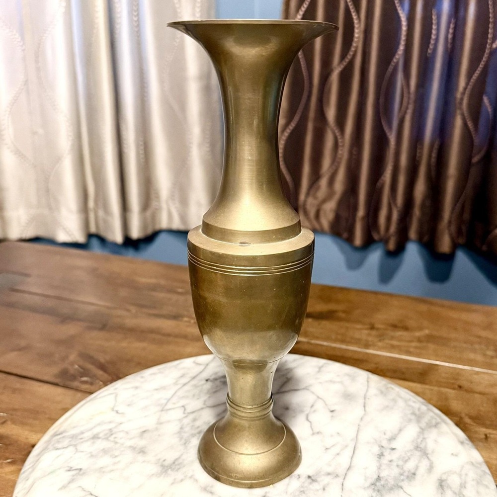 VTG 1960s 60s MCM Fluted Solid India Brass 10" Vase 13oz Patina Makers Mark
